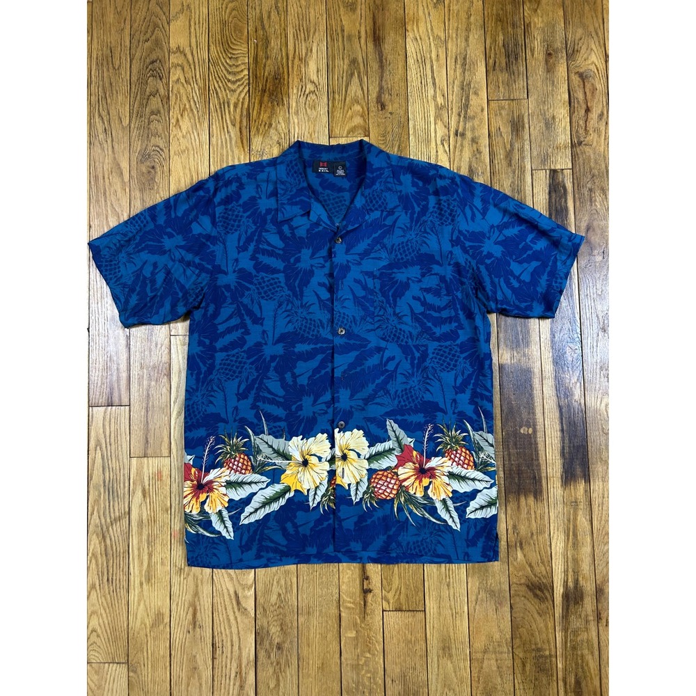 Emergency Exit Hawaiian Shirt Men's Large Blue Tropical Pineapple Floral